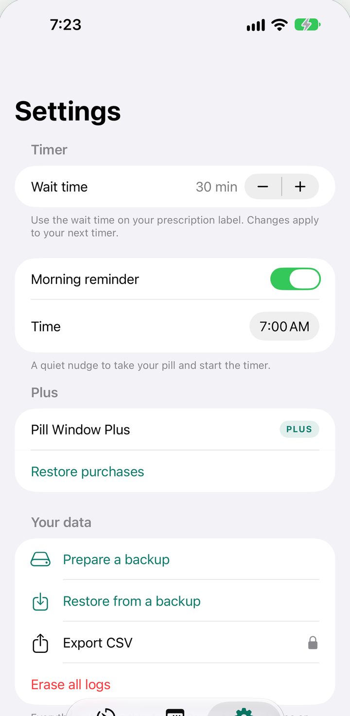 Settings: wait time of 30 minutes and a morning reminder at 7:00 AM