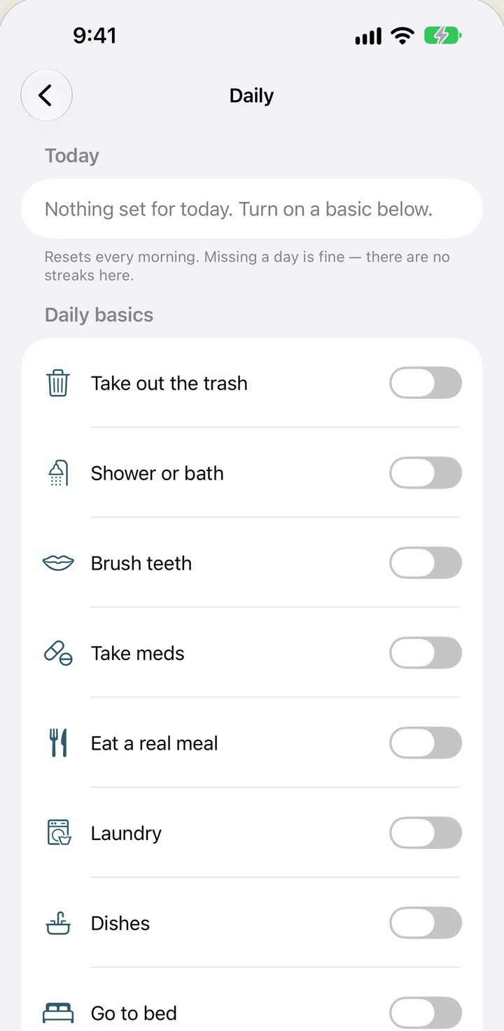 Daily basics: take out the trash, shower, brush teeth, laundry and more, each with a toggle