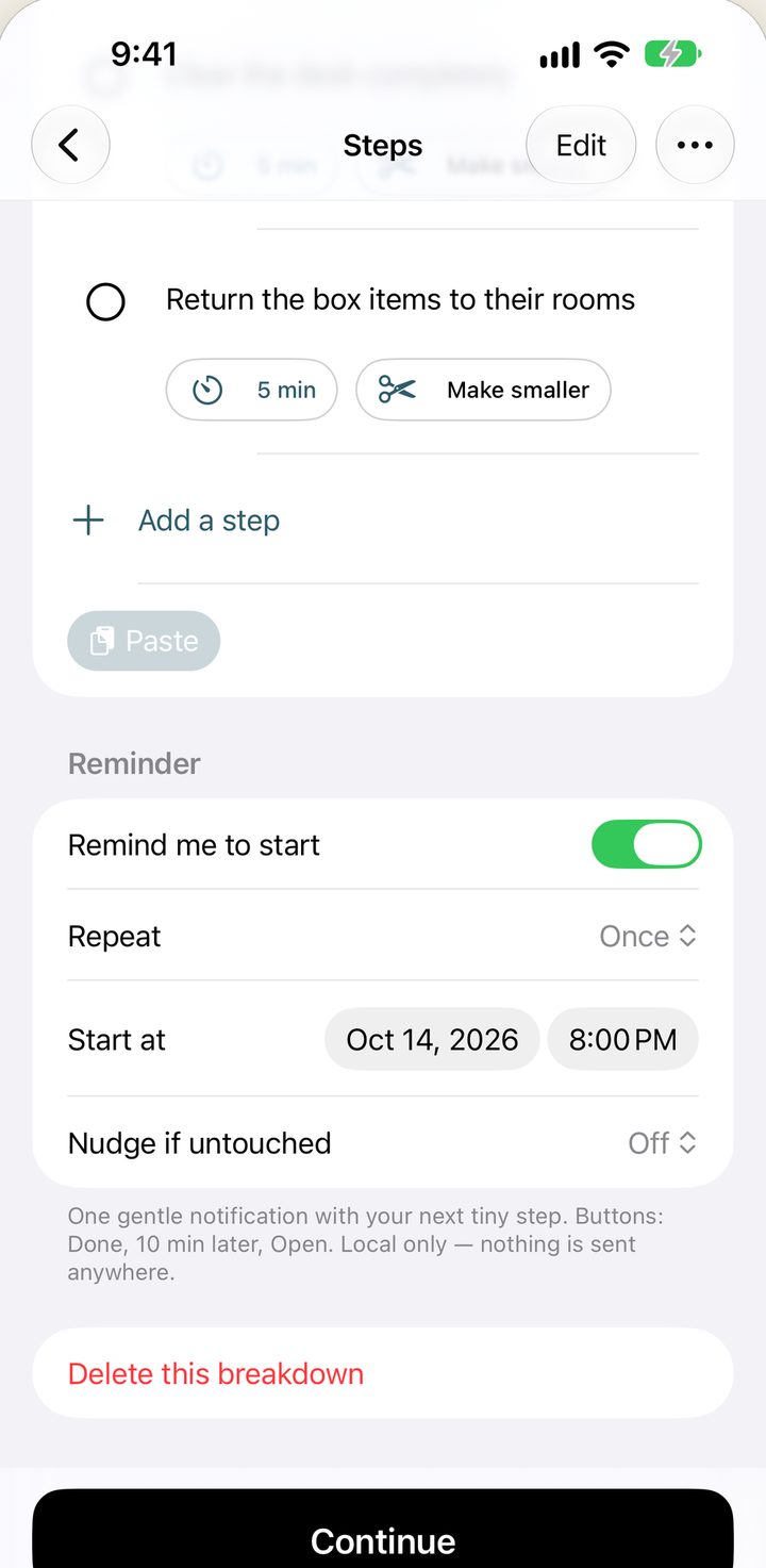 Reminder settings for a task: remind me to start, repeat, and start time